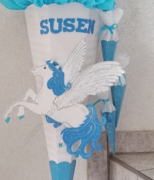 Schultüten Bastelset Pegasus weiß-hellblau-Glitter mit 3 kleinen Tüten zum Anhängen