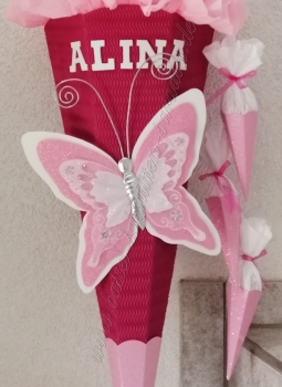 Schultüten Bastelset Schmetterling 3 pink-rosa-weiß-Glitter mit 3 kleinen Tüten zum Anhängen