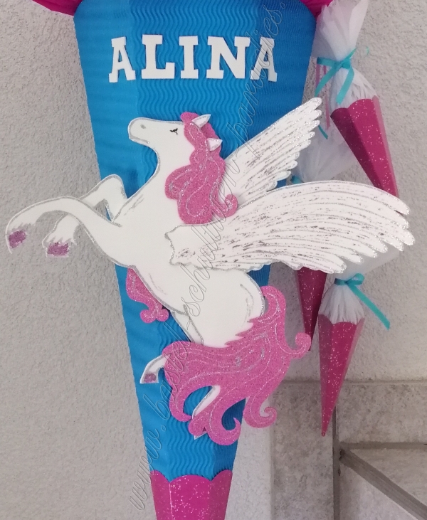 Schultüten Bastelset Pegasus türkis-pink-weiß-Glitter mit 3 kleinen Tüten zum Anhängen